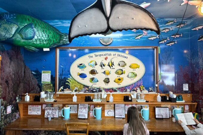 那覇・小禄「魚屋直営食堂 魚まる」クジラの尻尾が飛び出る店内客席（カウンター席）