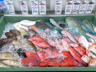 沖縄市「泡瀬漁港 パヤオ直売所」いかにも沖縄らしい色鮮やかな鮮魚。