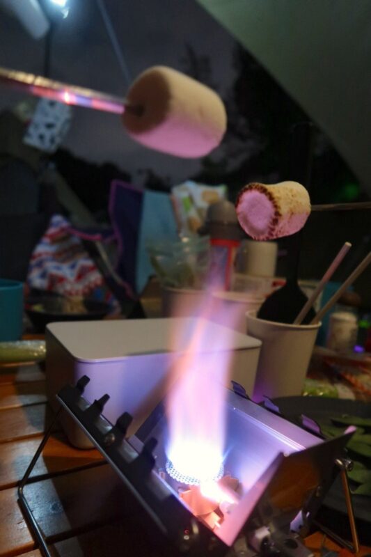 沖縄県総合運動公園キャンプ場でマシュマロを炙る