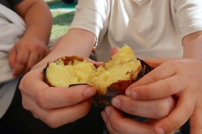 沖縄県総合運動公園キャンプ場で焼いたホカホカの焼き芋