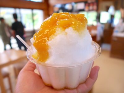 沖縄県東村「又吉コーヒー園」マンゴーかき氷（400円）をいただく
