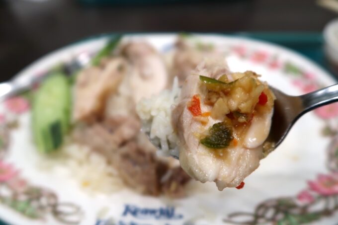 イオンモール成田「タイ国惣菜屋台料理 ゲウチャイ」カオマンガイをスプーンで食べる