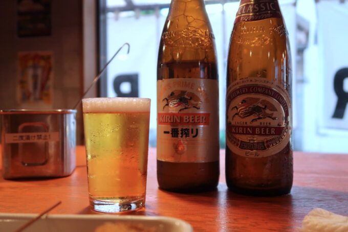 那覇市久米「ビンビール酒場 韋駄天」瓶ビールのキリン一番搾り、大瓶が395円！