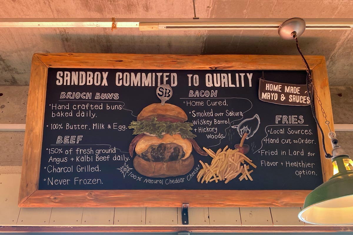 北谷町宮城「Sandbox Burgers（サンドボックス）」のハンバーガーについての看板